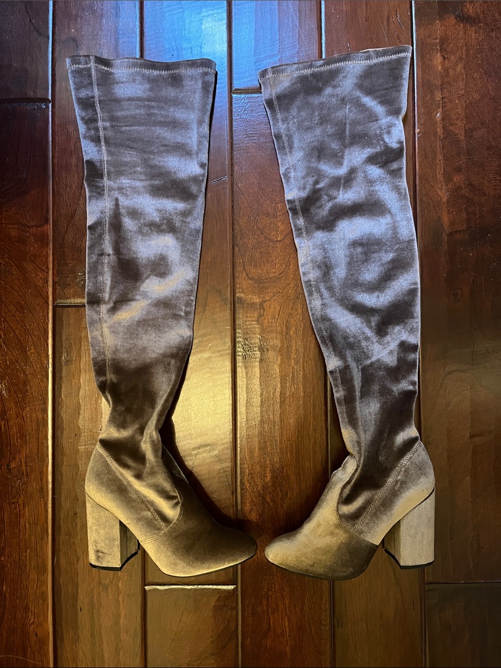 Steve Madden thigh high velvet boots taupe color size 8